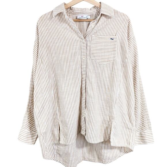 Vineyard Vines Beige Stripe Button Up Shirt Pocket Relaxed Cotton Womens 2 - Picture 1 of 8